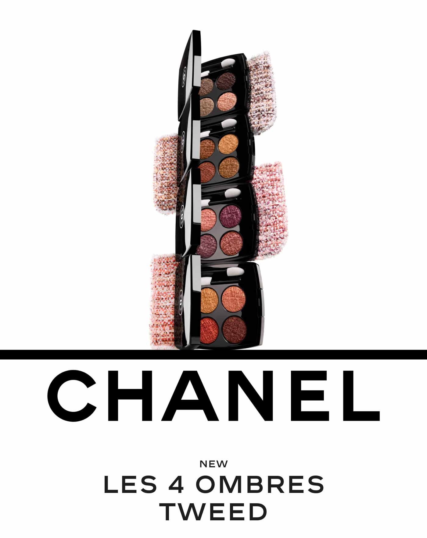 A stack of new Les 4 Ombres Tweed palettes is displayed above the words Chanel: New Les 4 Ombres Tweed